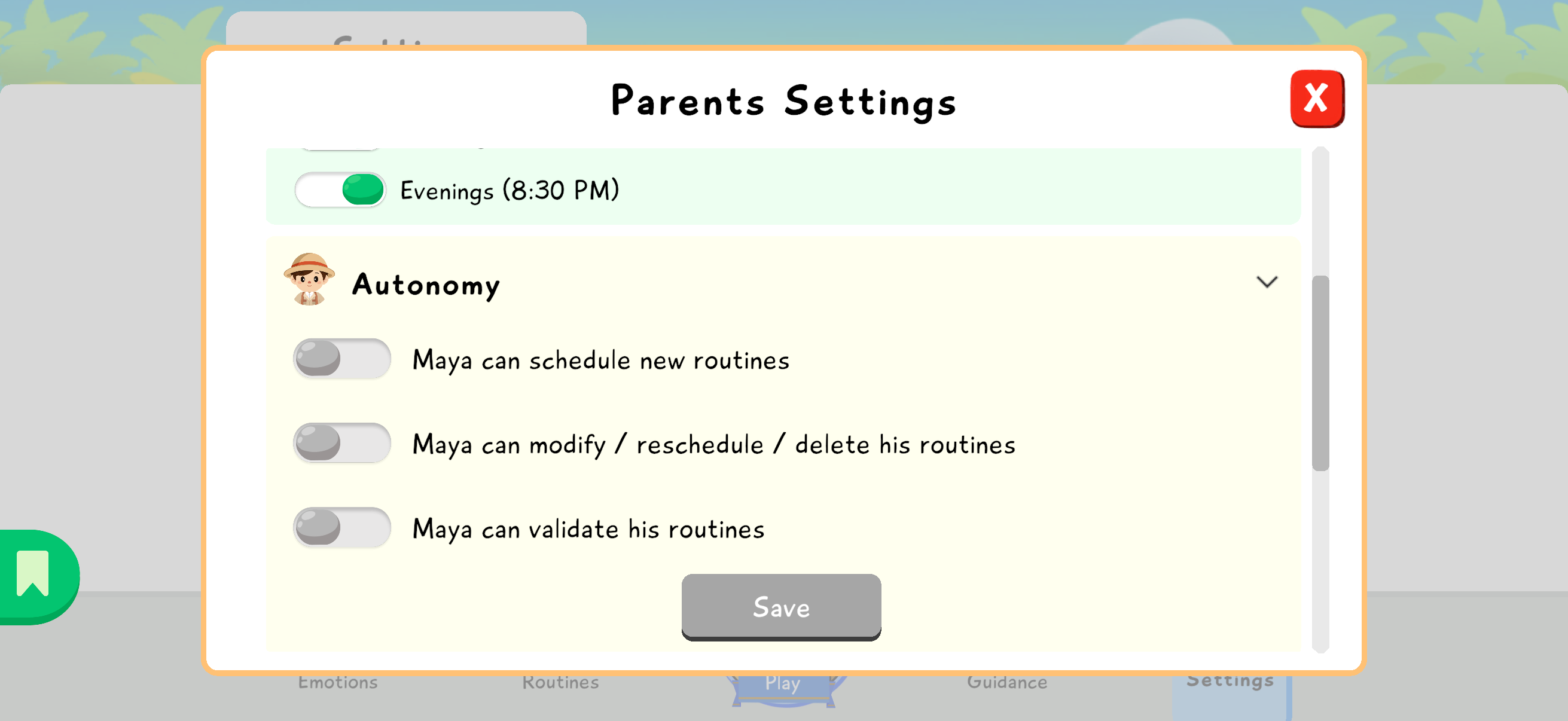 Parent Settings screen with autonomy options to create, modify, or validate routines.