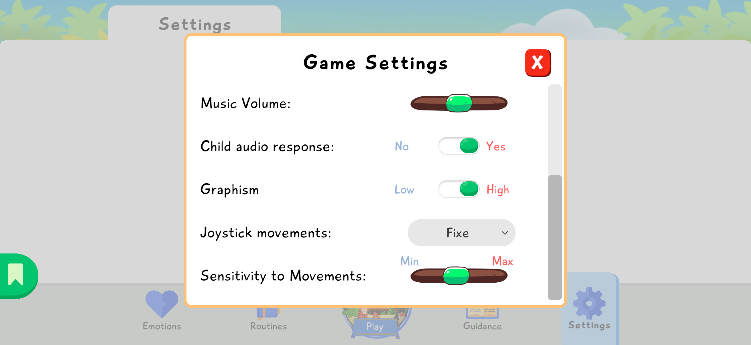 Game Settings screen with the Graphism setting between Low and High.
