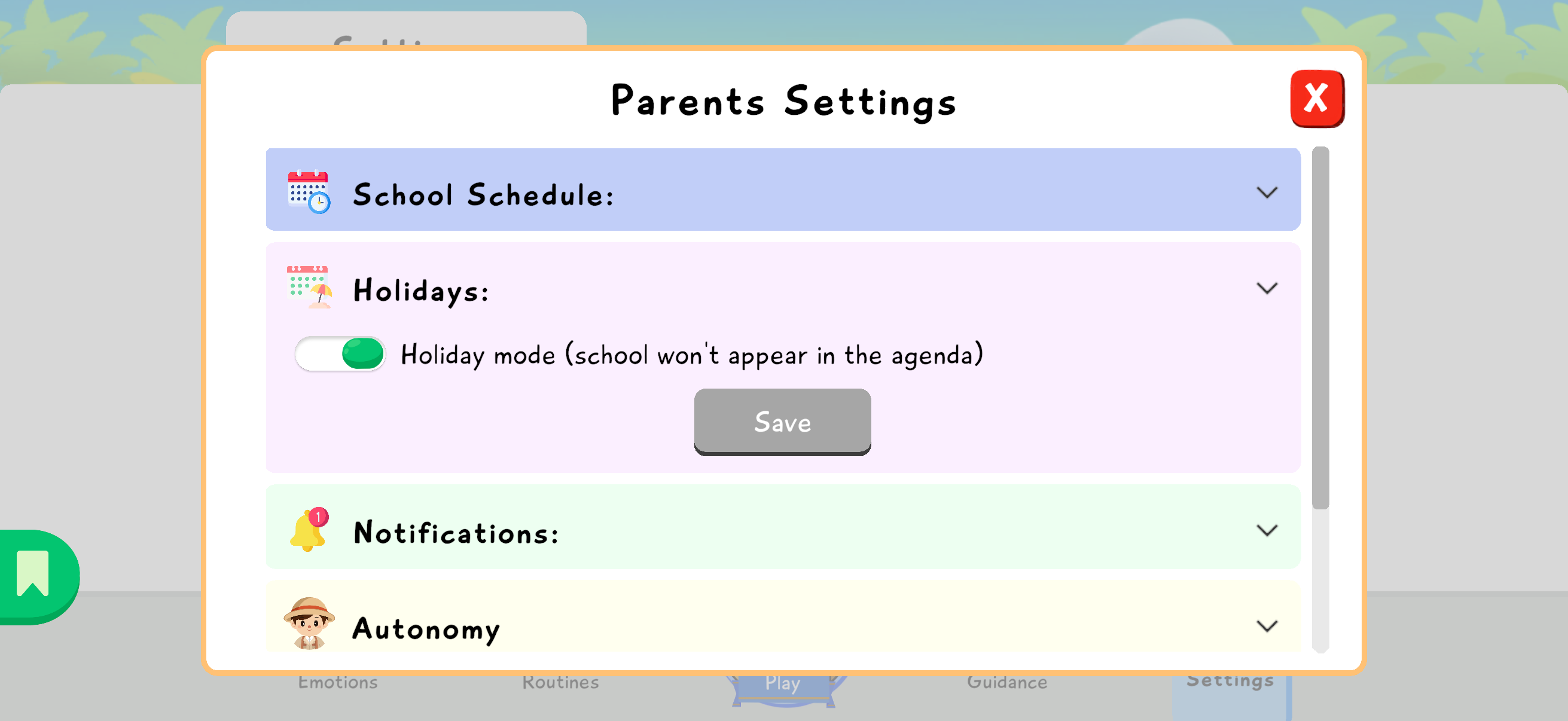 Parent Settings screen with Holidays and the Holiday mode toggle.
