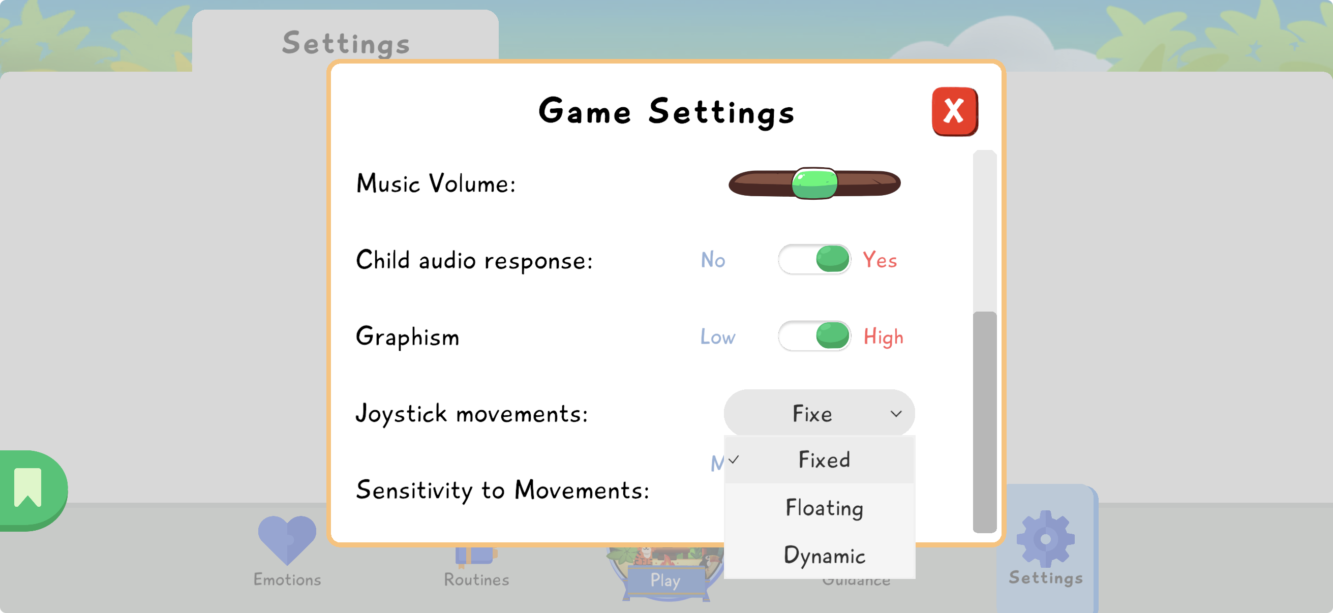 Game Settings screen showing Joystick movements and Sensitivity to Movements.