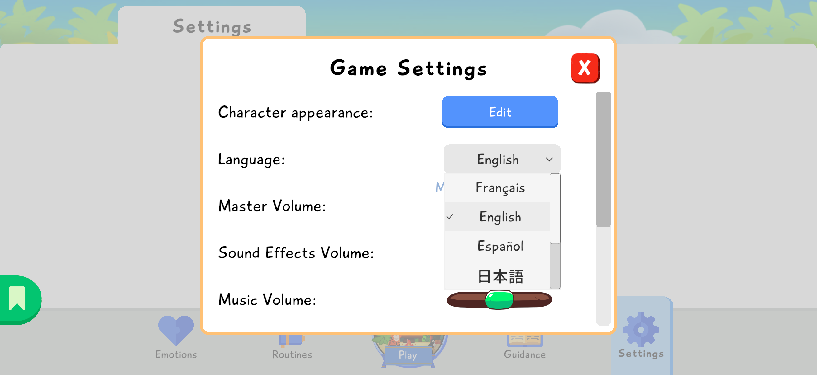 Language menu in Game Settings with several available languages.