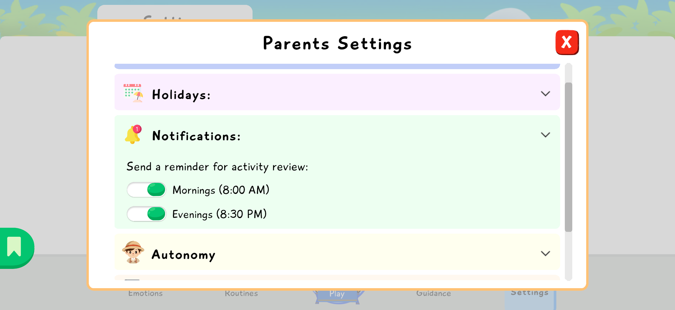 Parent Settings screen with morning and evening routine validation reminders.