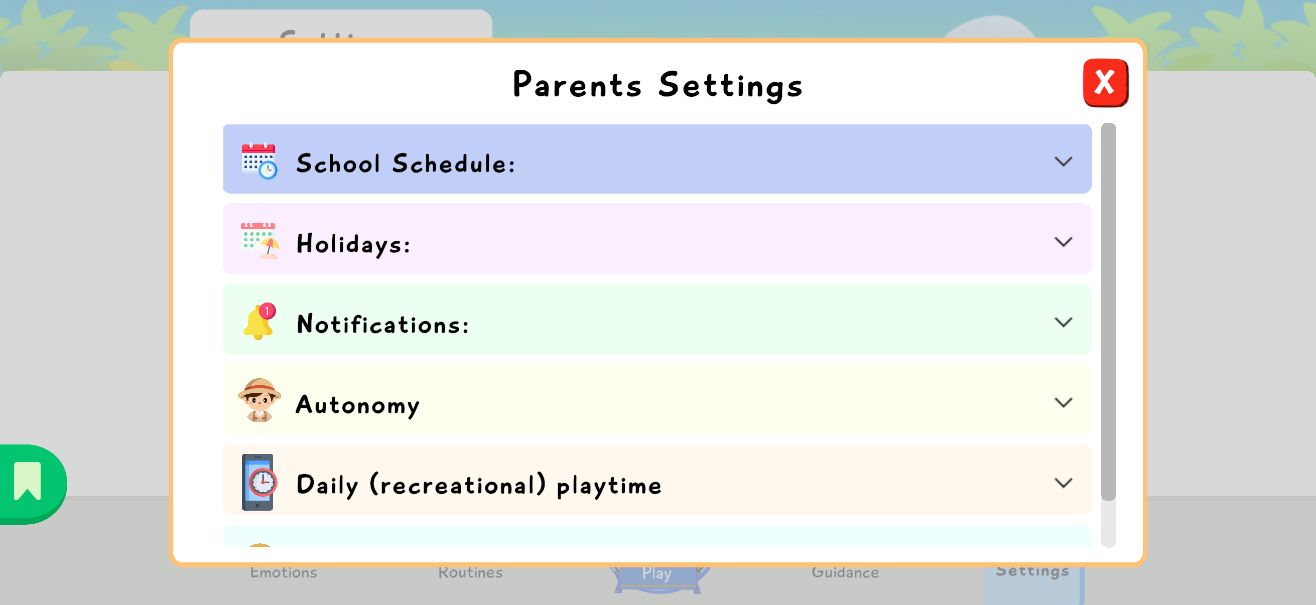Parent Settings screen with School Schedule, Holidays, Notifications, Autonomy, and Daily playtime.