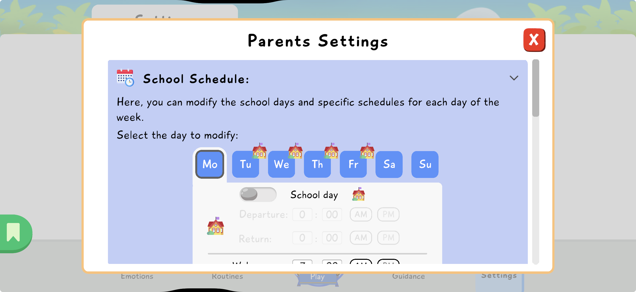 Parent Settings screen open on School Schedule with weekdays and time settings.