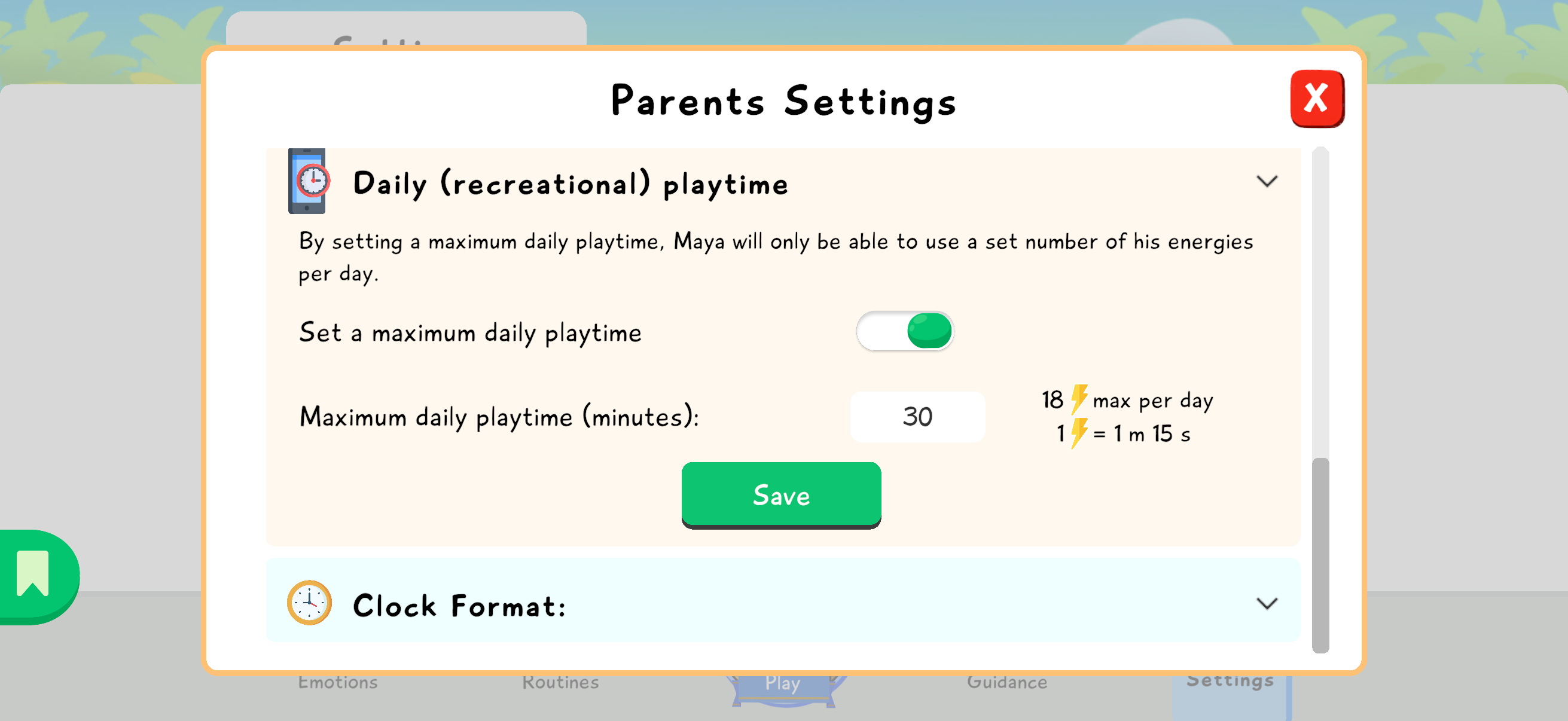 Parent Settings screen with Daily recreational playtime and a maximum daily playtime.