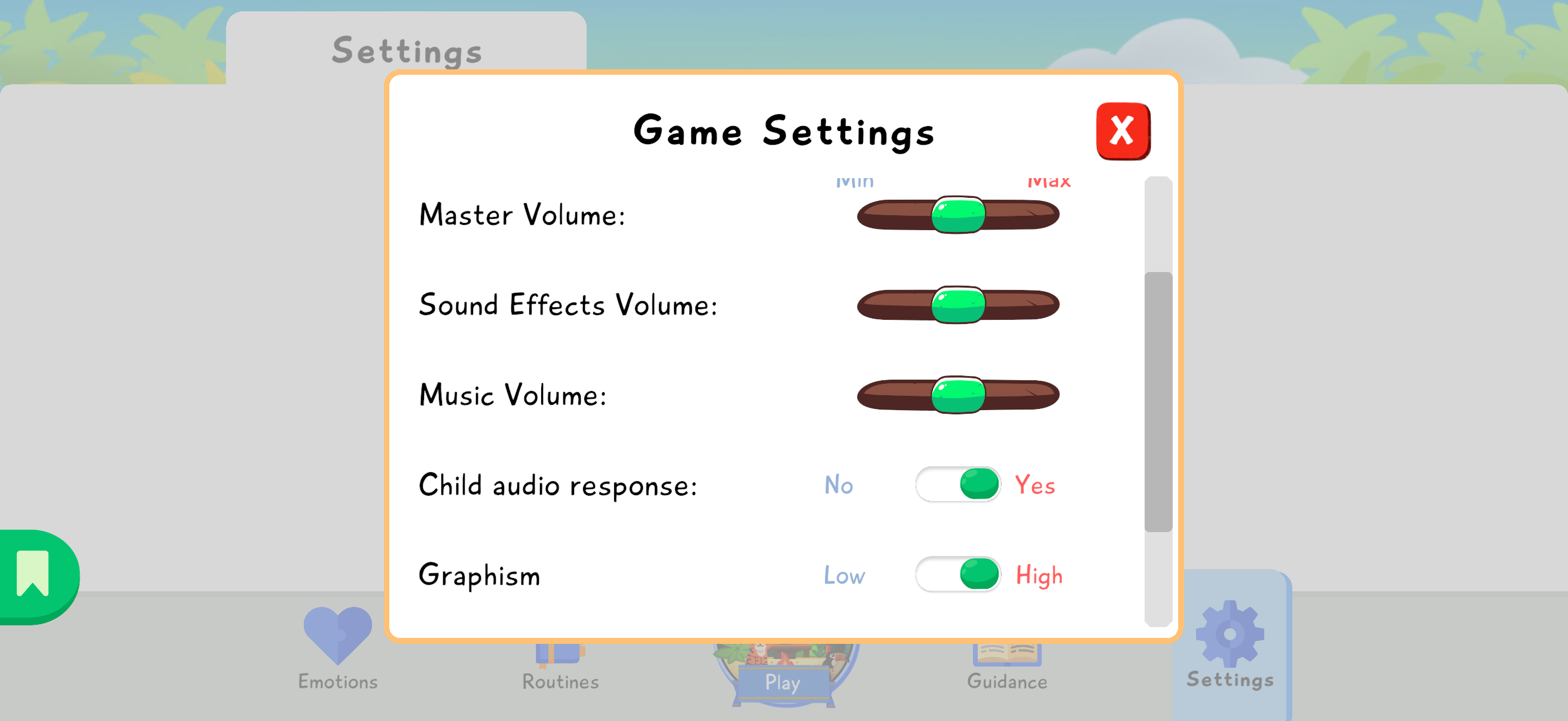 Game Settings screen with Master Volume, Sound Effects Volume, Music Volume, and Child audio response.
