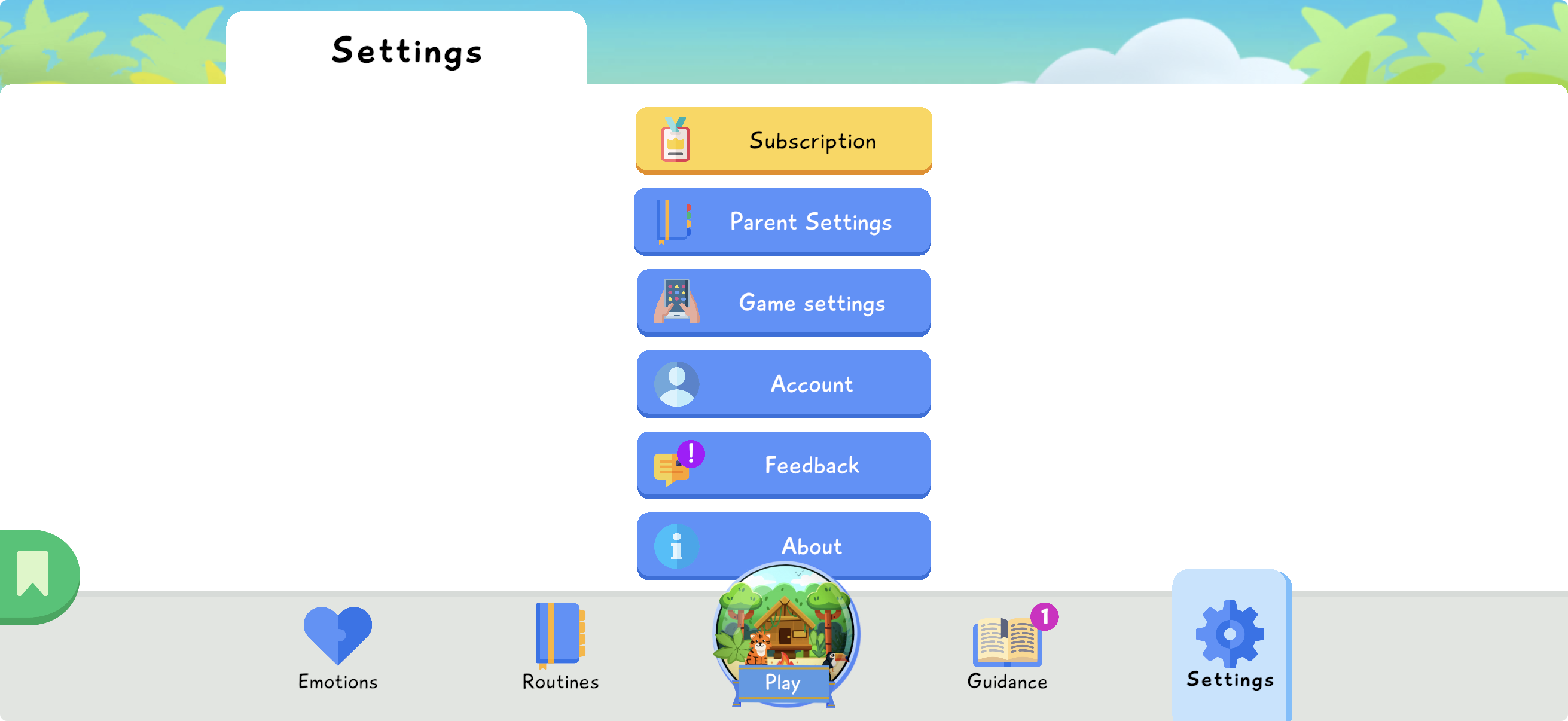Lusha Settings screen with Subscription, Parent Settings, Game settings, Account, Feedback, and About.