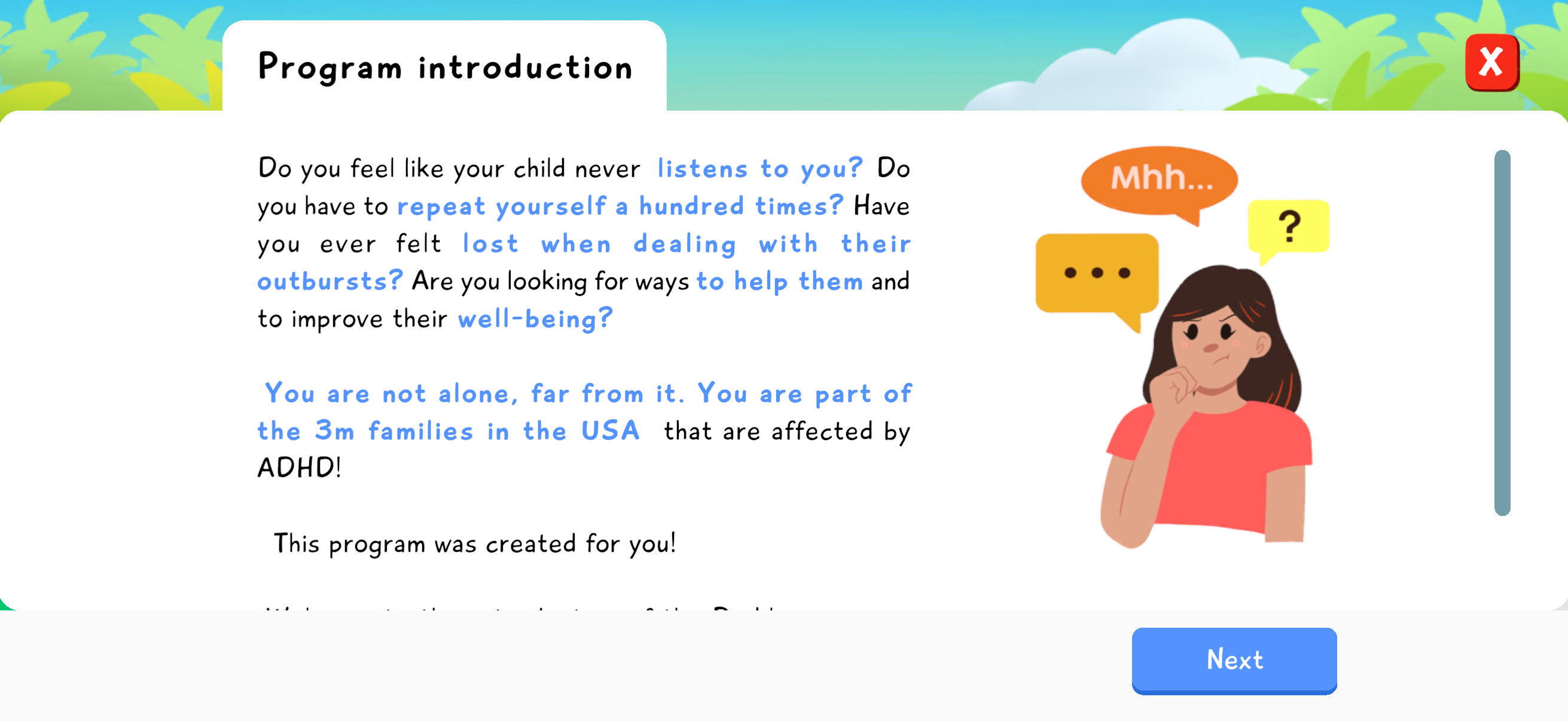 Program introduction screen with illustrated parental guidance content.