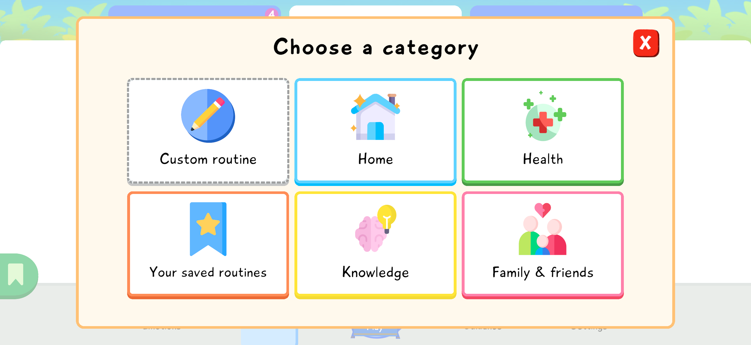 Choose a category window with Custom routine, Home, Health, Knowledge, Family and friends, and Your saved routines.