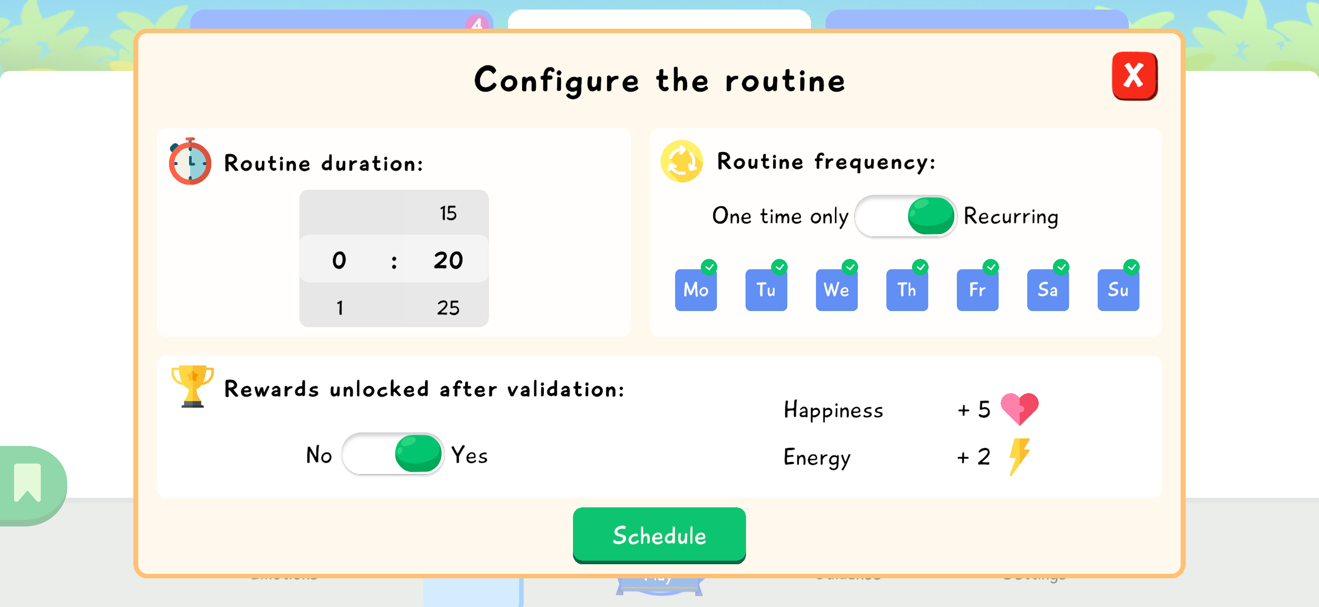 Configure the routine screen with duration, recurring frequency, weekdays, and rewards after validation.