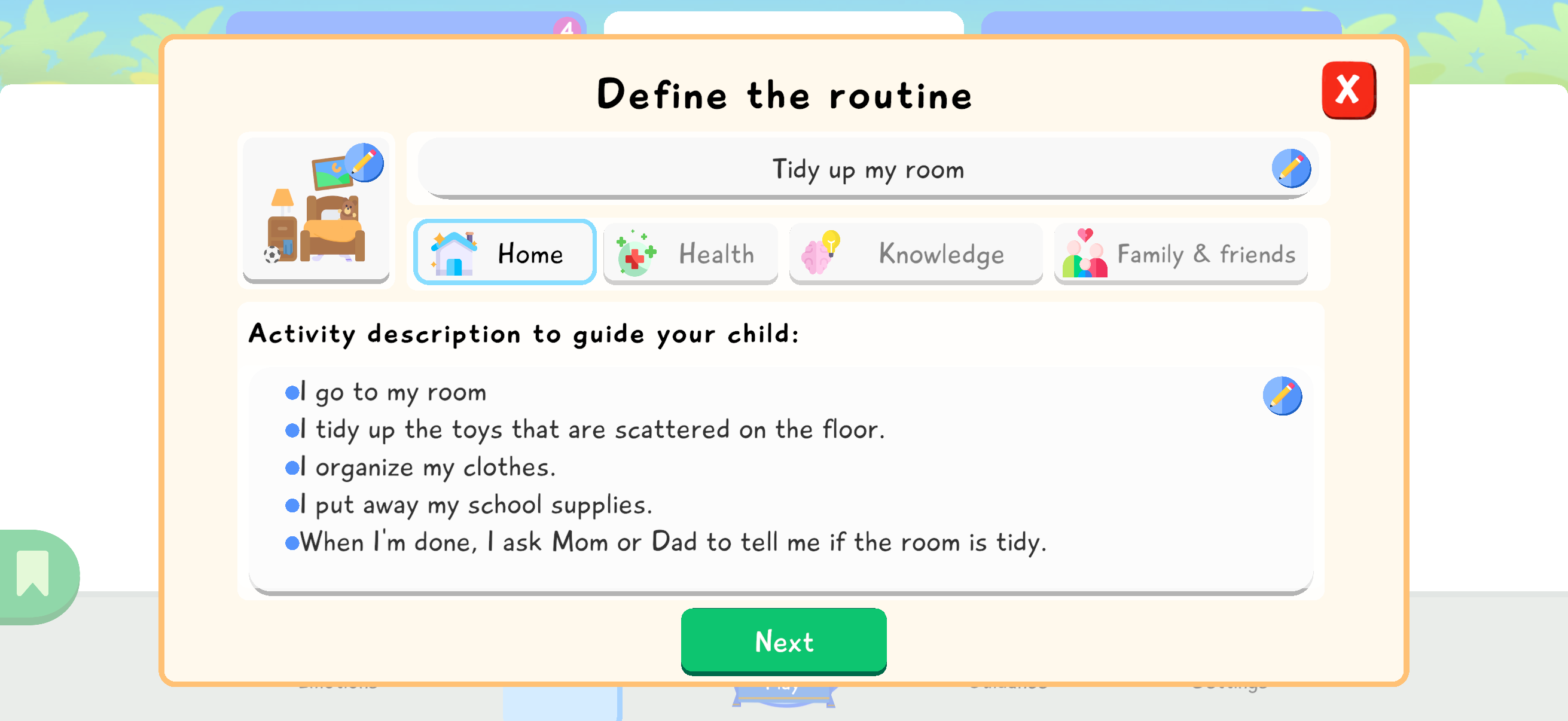 Define the routine screen with the name Tidy up my room and a multi-step activity description.