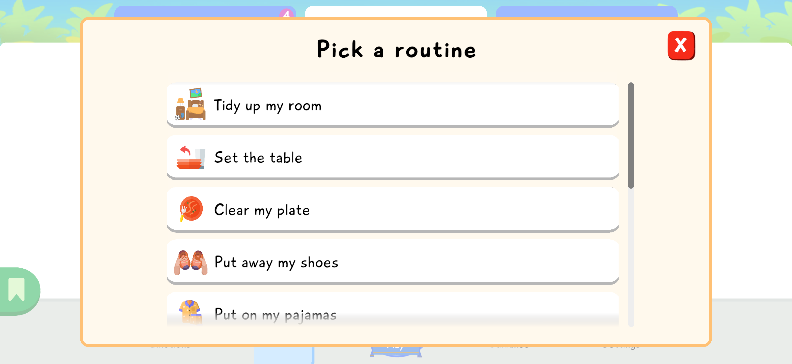 Pick a routine list with options such as Tidy up my room, Set the table, and Clear my plate.