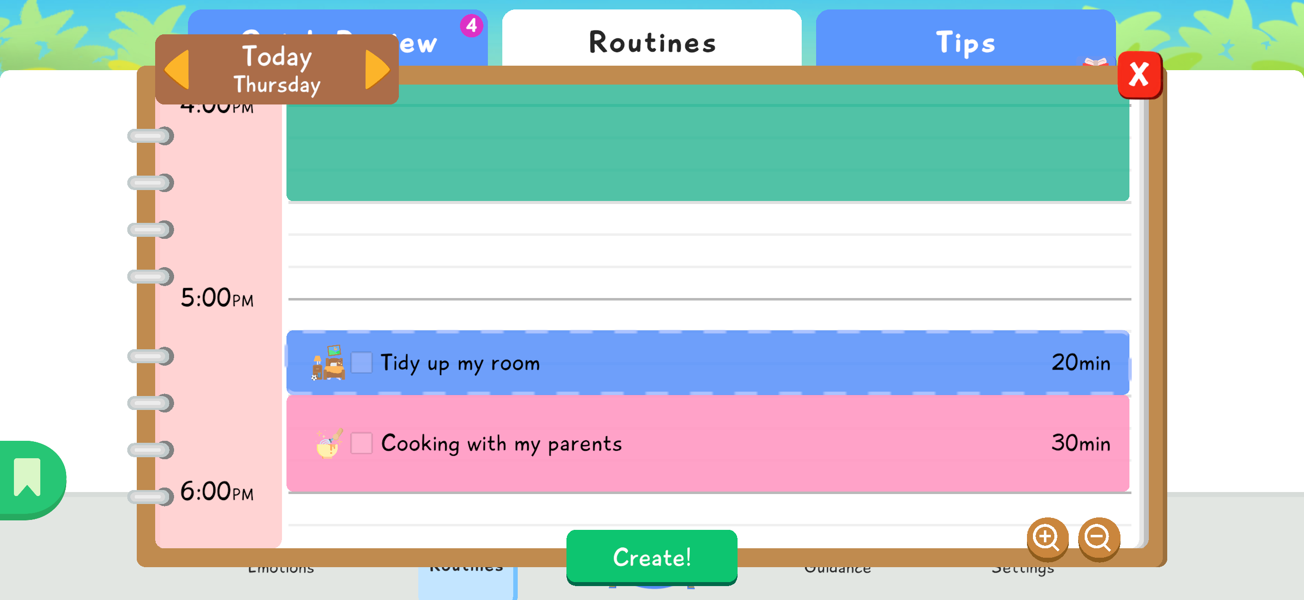 Scheduling agenda showing Tidy up my room placed at 5:00 PM before the Create button.