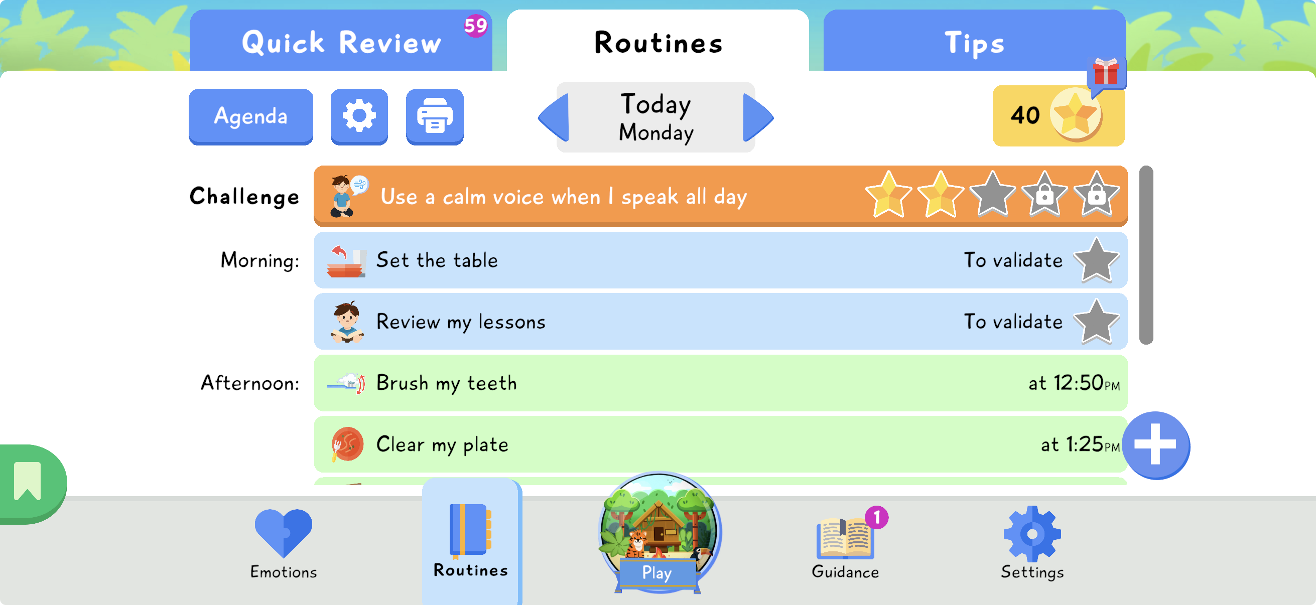 Routines screen with a behavioral challenge Use a calm voice when I speak all day and five-star progress.