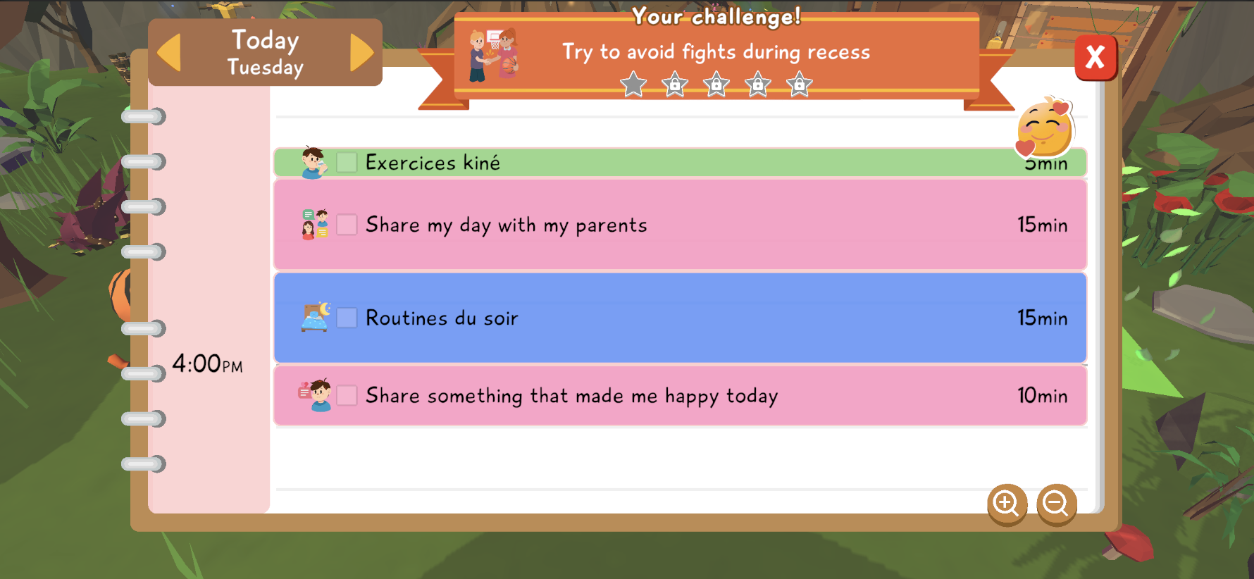 Child-side agenda in Lusha, with the day's routines, important times, and a mood sticker.