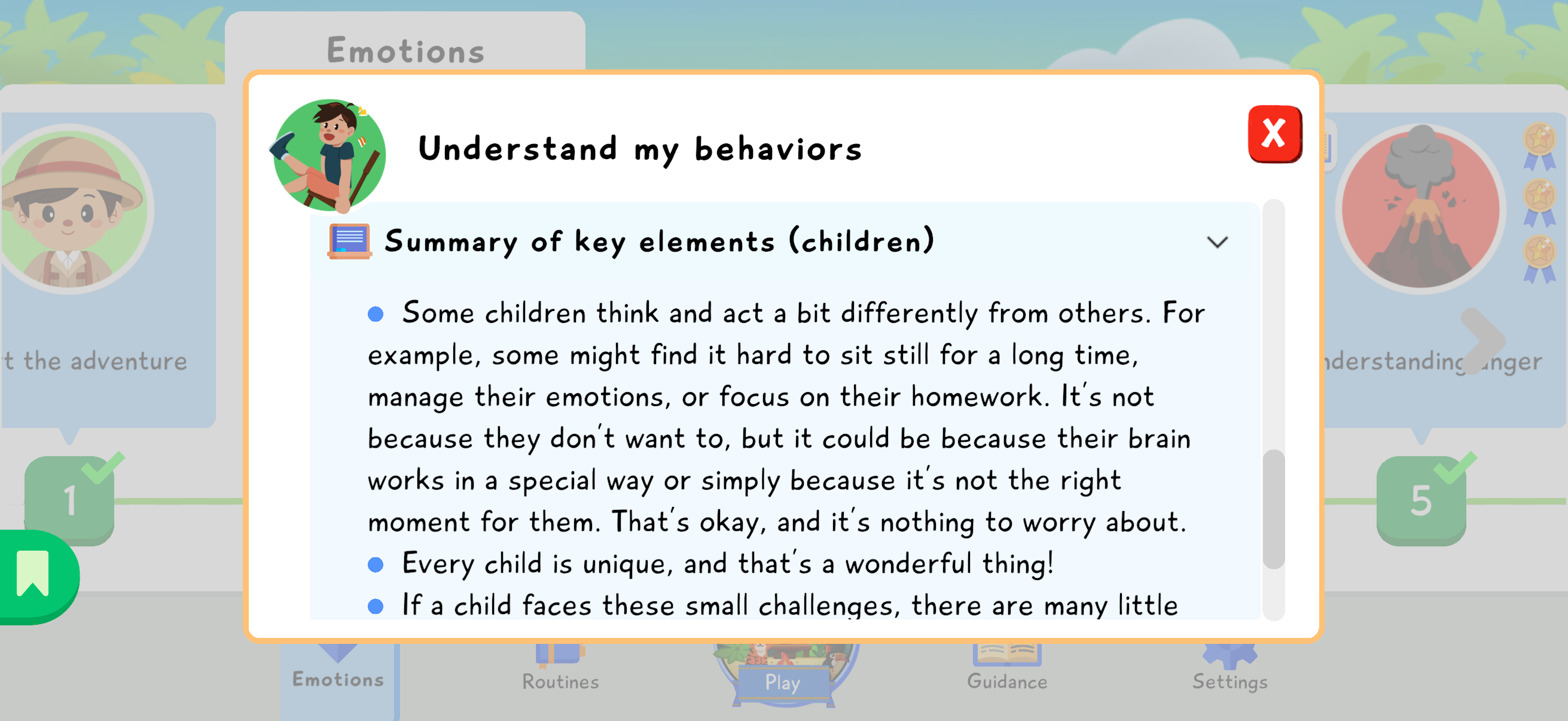 Child-friendly summary in the Understand my behaviors module.
