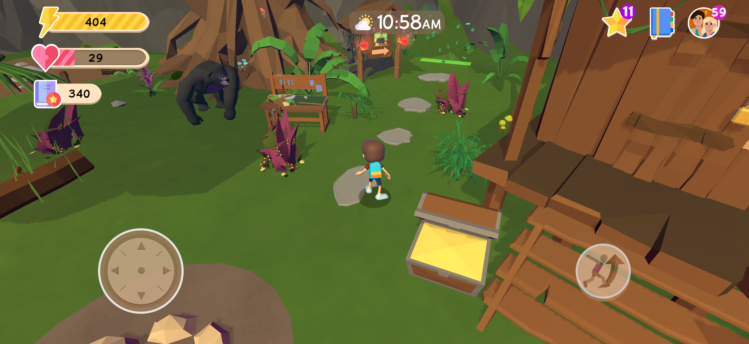 Main Lusha game scene with the cabin and green area used to access Tara's School.