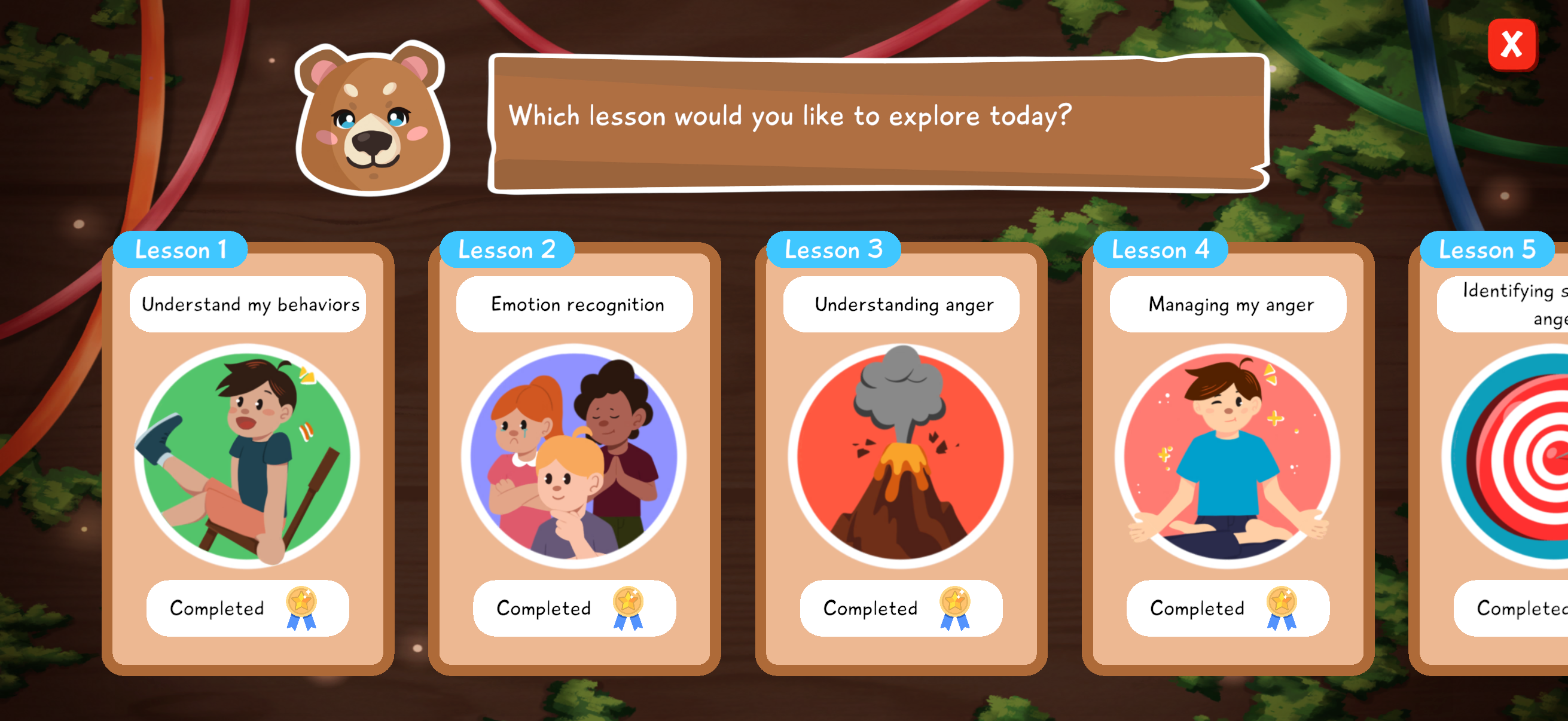 Tara lesson selection interface with several completed module cards.