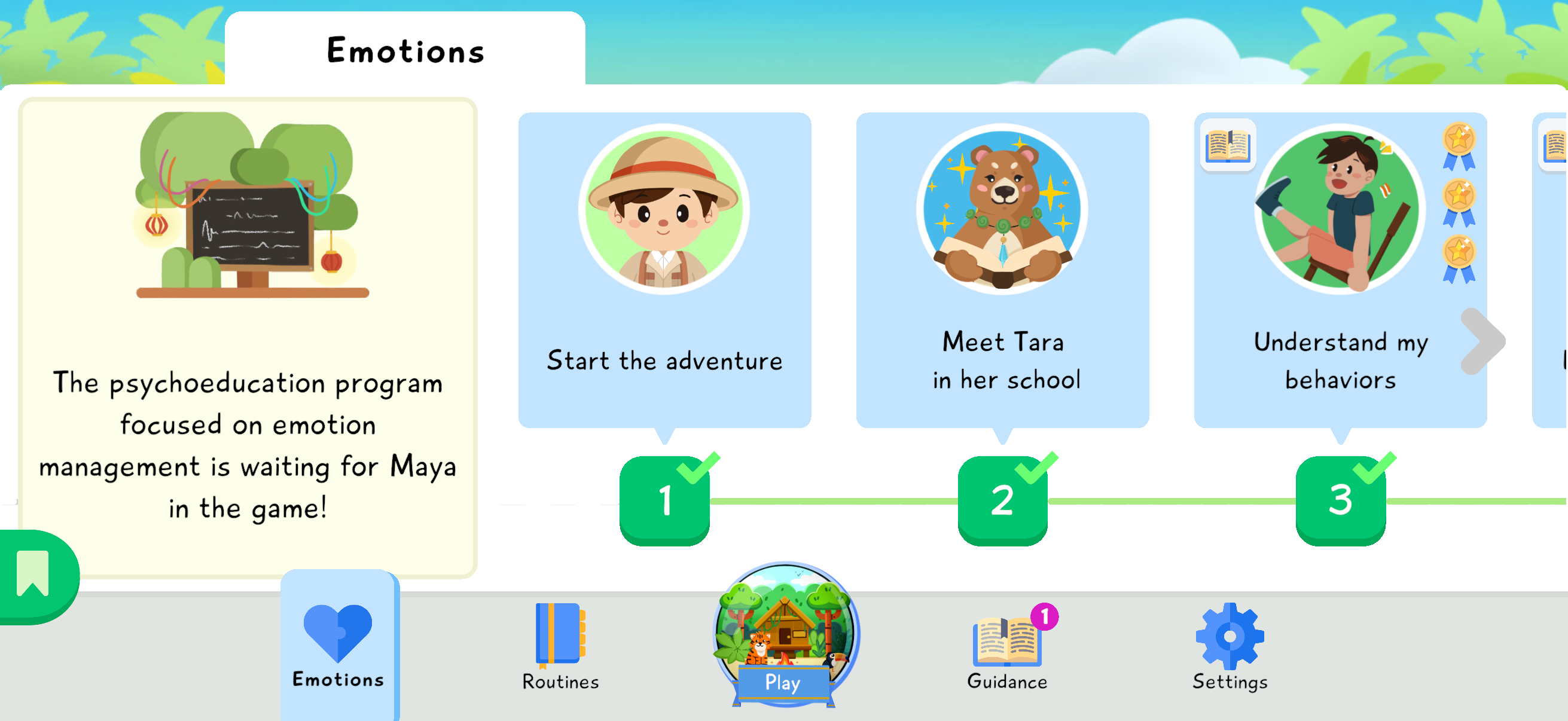 Parent Emotions screen showing module progress and recent lessons.