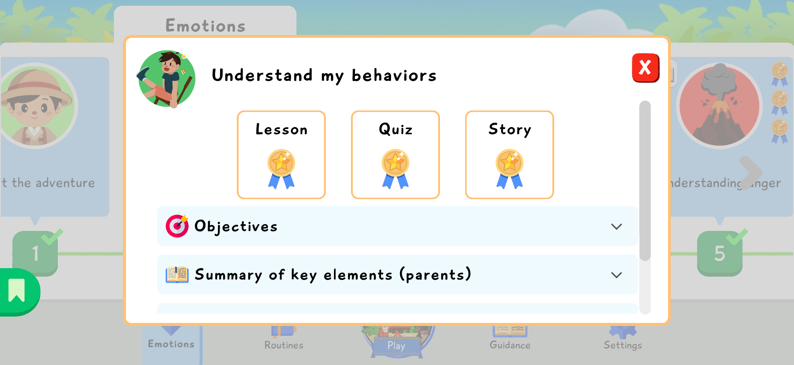 Parent detail screen for the Understand my behaviors module with Lesson, Quiz, and Story badges.