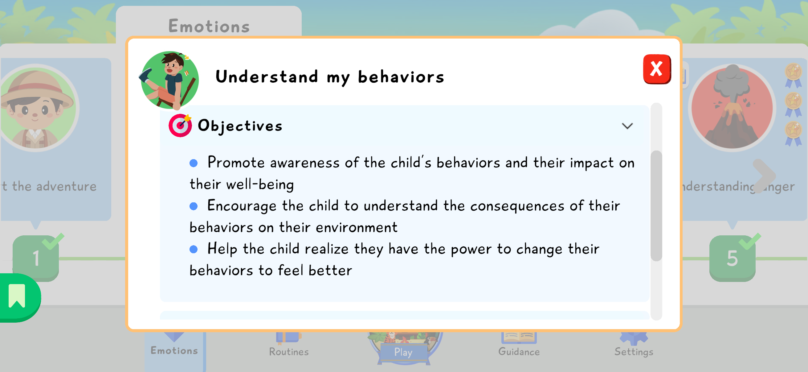 Objectives for the Understand my behaviors module in the parent interface.