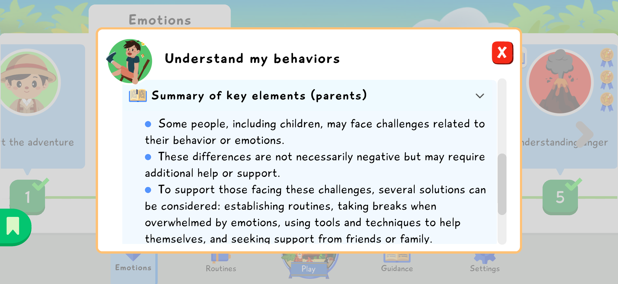 Summary of key elements for parents in the Understand my behaviors module.