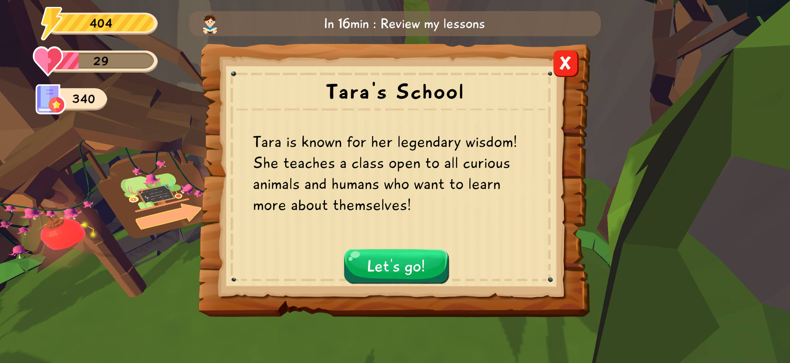 Tara's School panel introducing the school with a Let's go button.