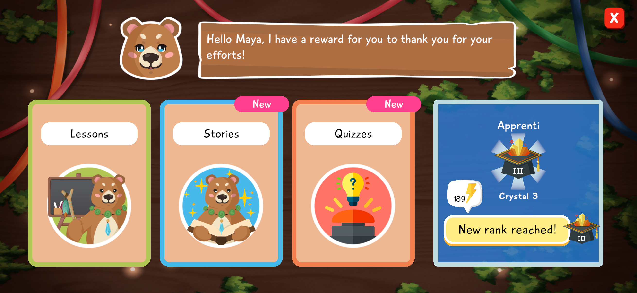 Tara rewards area with Lessons, Stories, Quizzes, and a new rank reached.