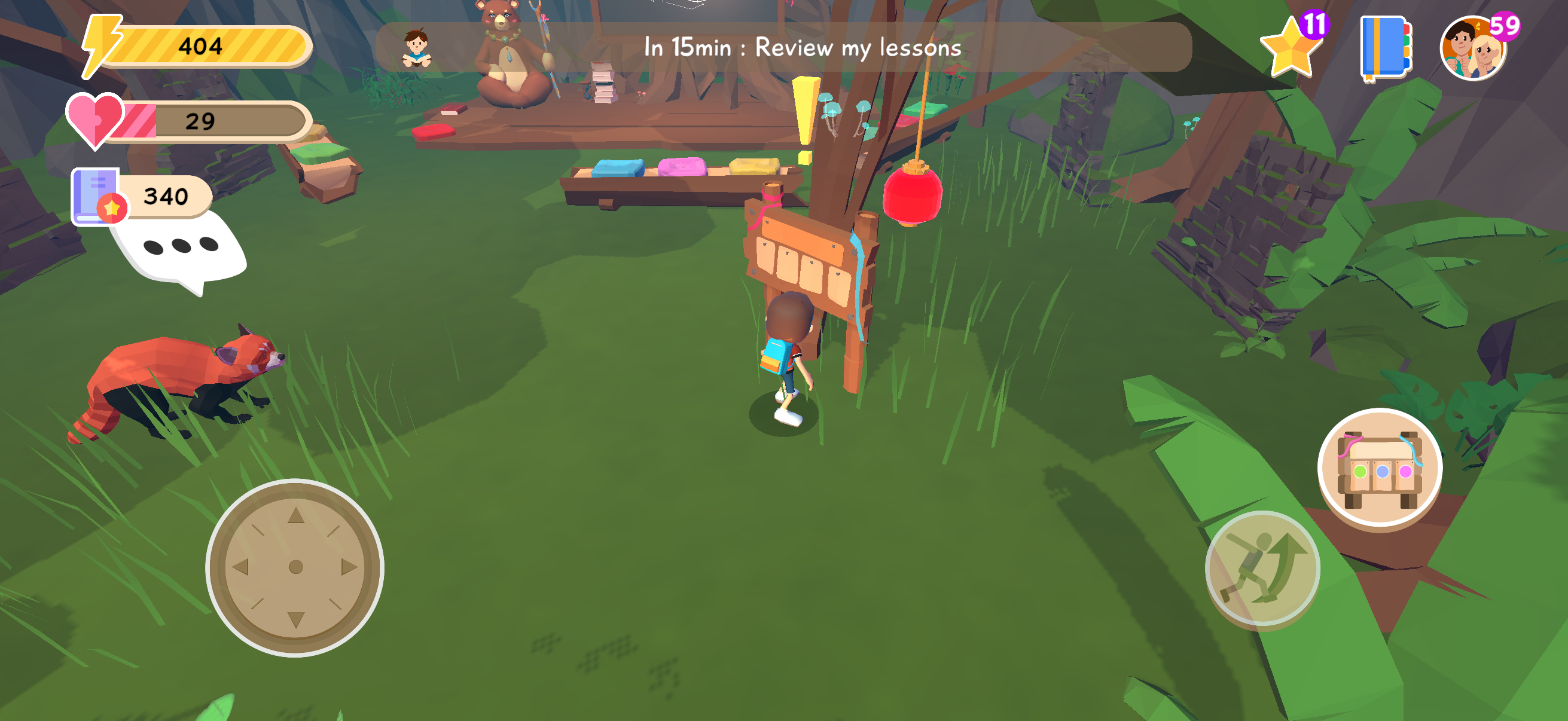 Tara's School sign hanging on a tree with an interaction button on the right.