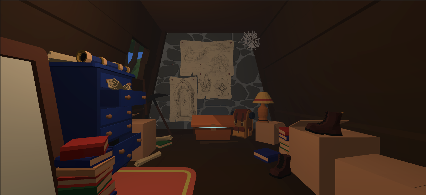 Attic filled with adventure objects, with a mysterious chest in the center.