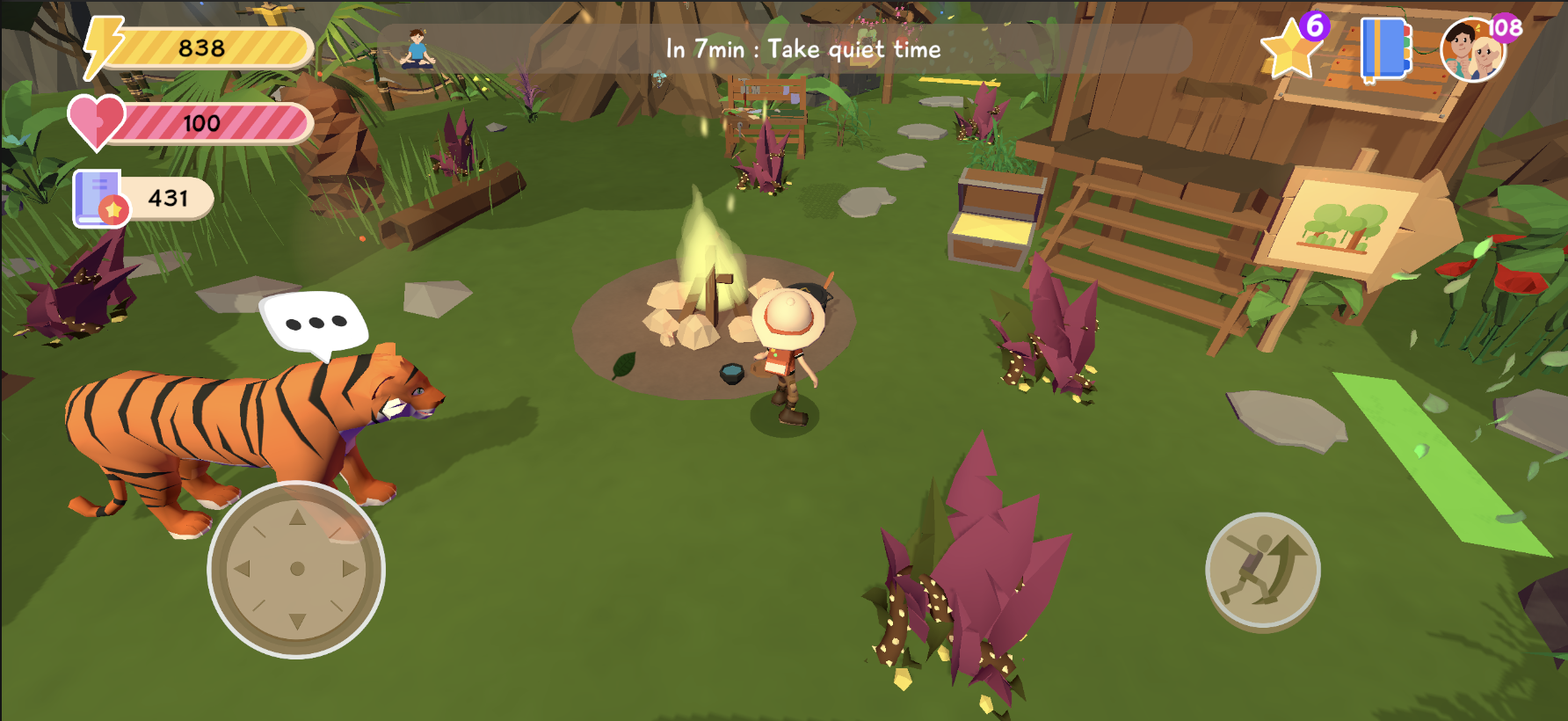 Lusha camp with the cabin, paths, and elements to maintain.