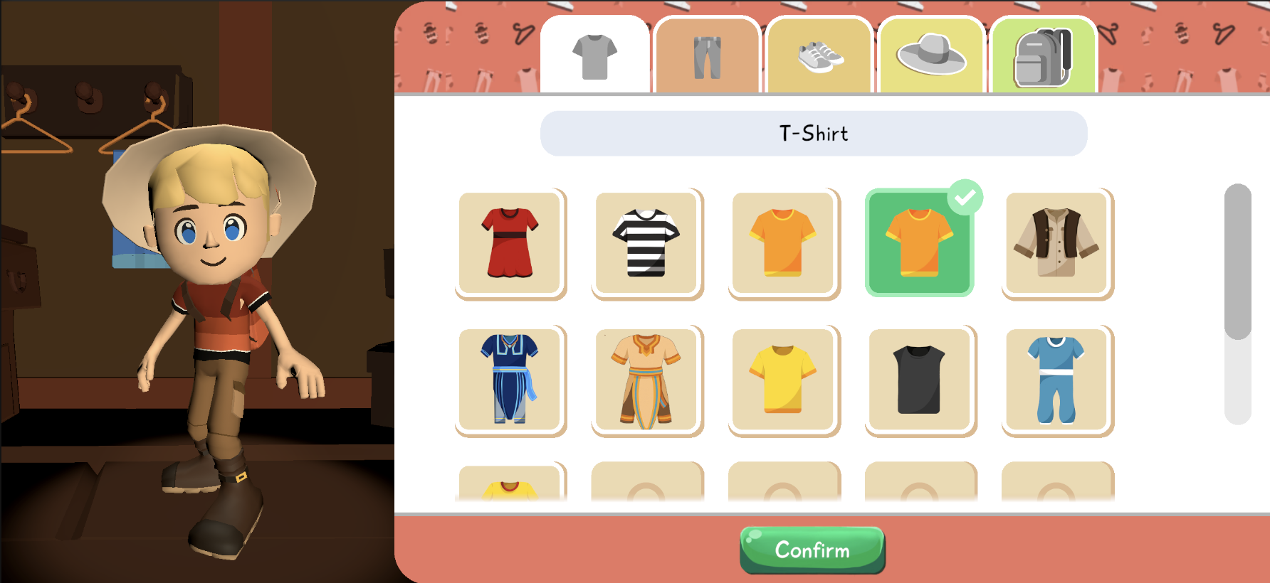 Wardrobe interface used to change the character's clothes in Lusha.