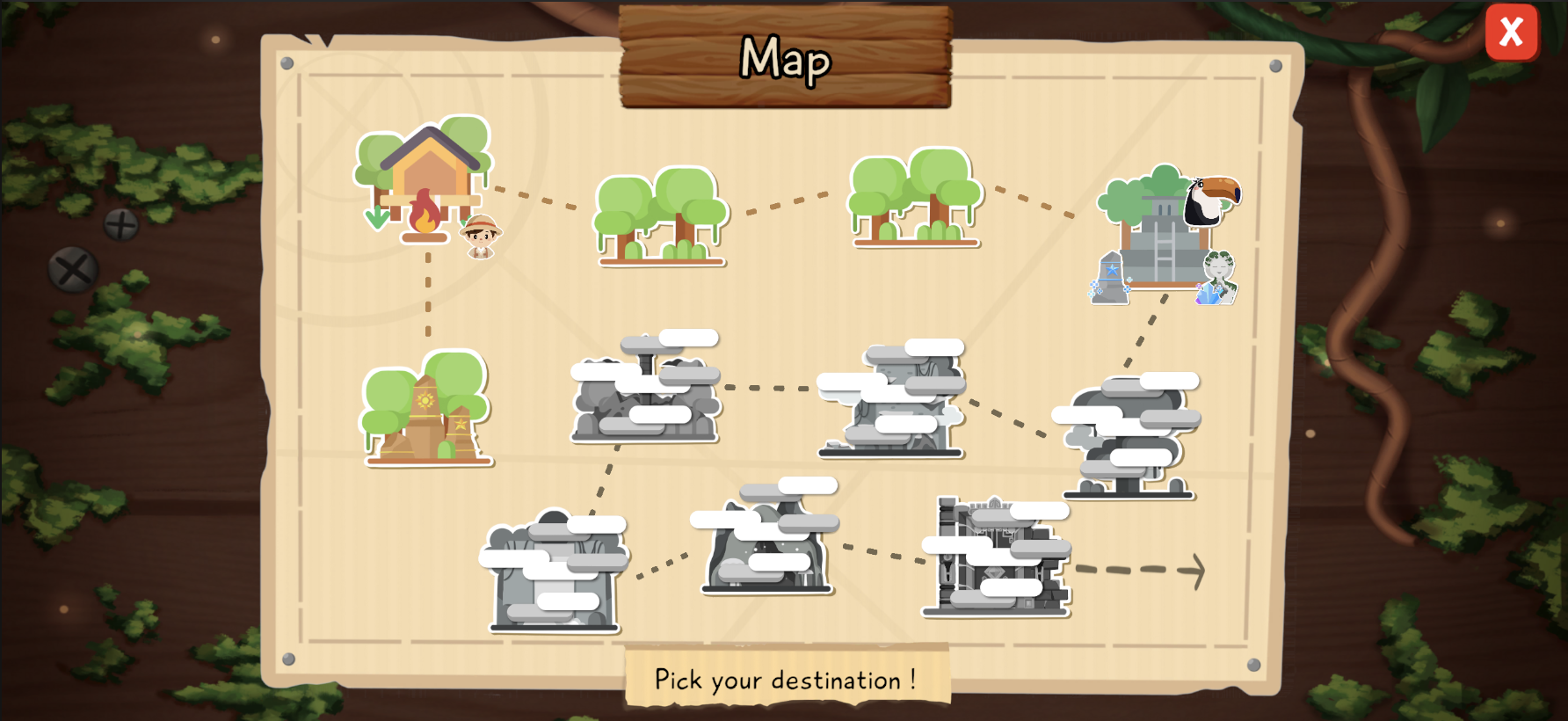 Map of the Lusha jungle with several regions to explore.