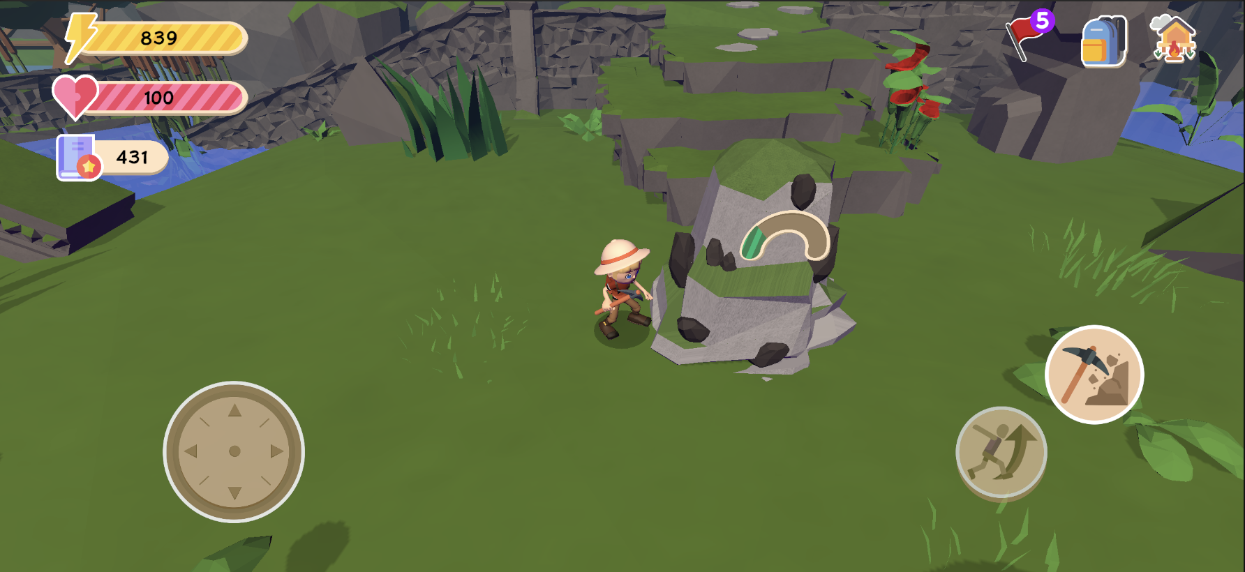 Using a pickaxe to collect a resource in Lusha.